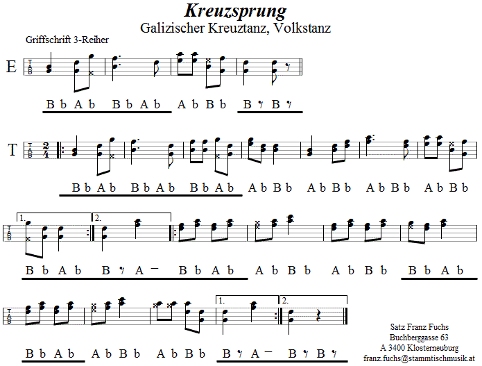 Galizische Kreuzpolka, Kreuztanz, Kreuzsprung, Griffschrift für Steirische Harmonika