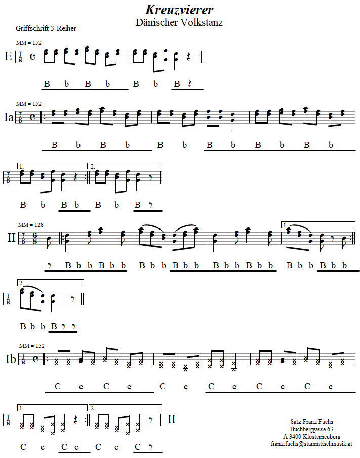 Kreuzvierer, in Griffschrift für Steirische Harmonika