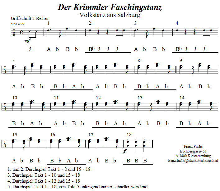 Krimmler Faschingstanz in Griffschrift für Steirische Harmonika