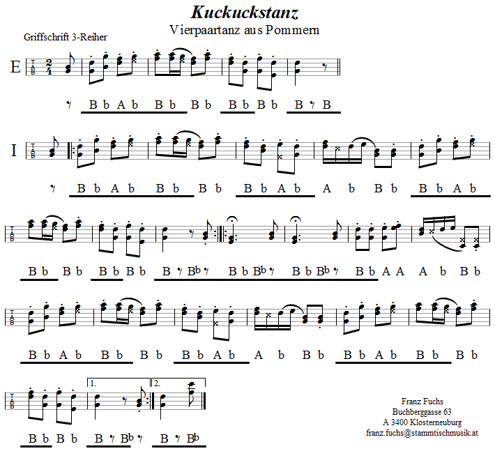 Kuckuckstanz, Griffschrift für Steirische Harmonika