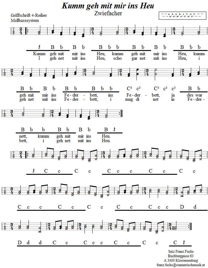 Kumm geh mit mir ins Heu, Zwiefacher in Griffschrift für Steirische Harmonika