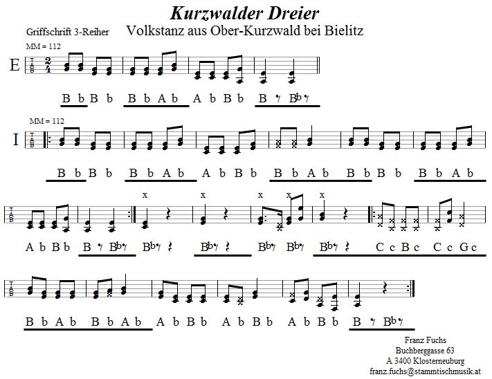 Kurzwalder Dreier, in Griffschrift für Steirische Harmonika