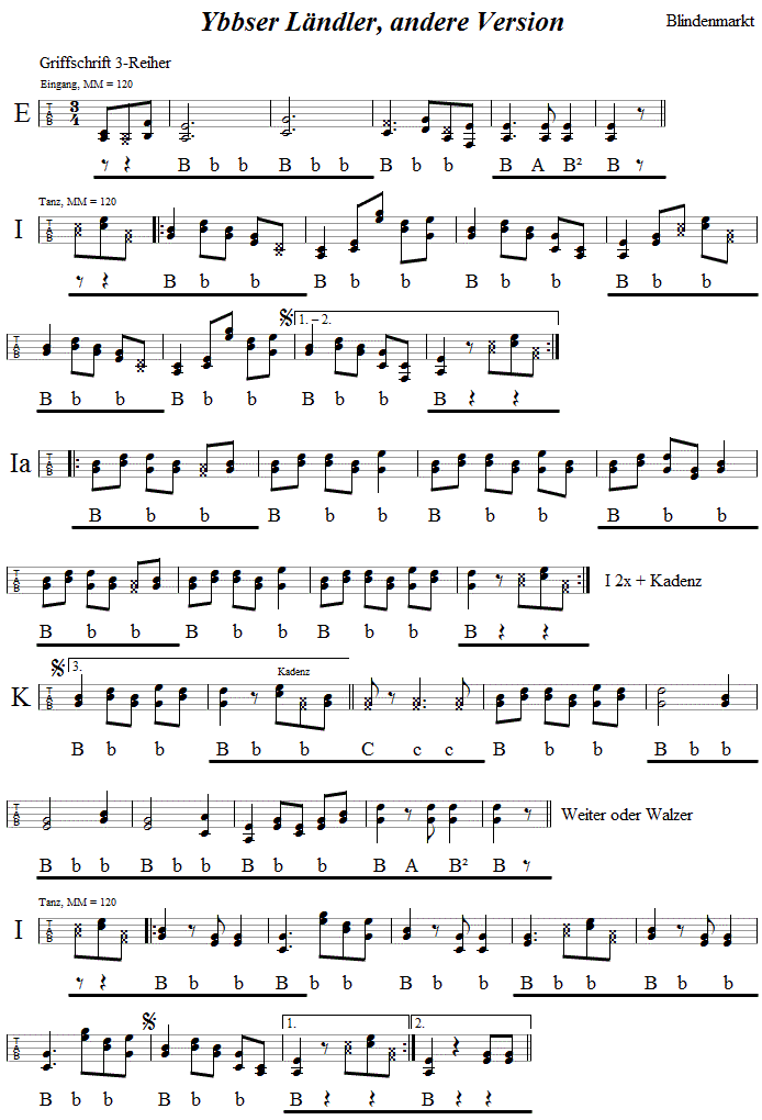 Ybbsfelder Landler, (zweiter Ybbser Landler), Originalmelodie in Griffschrift für Steirische Harmonika