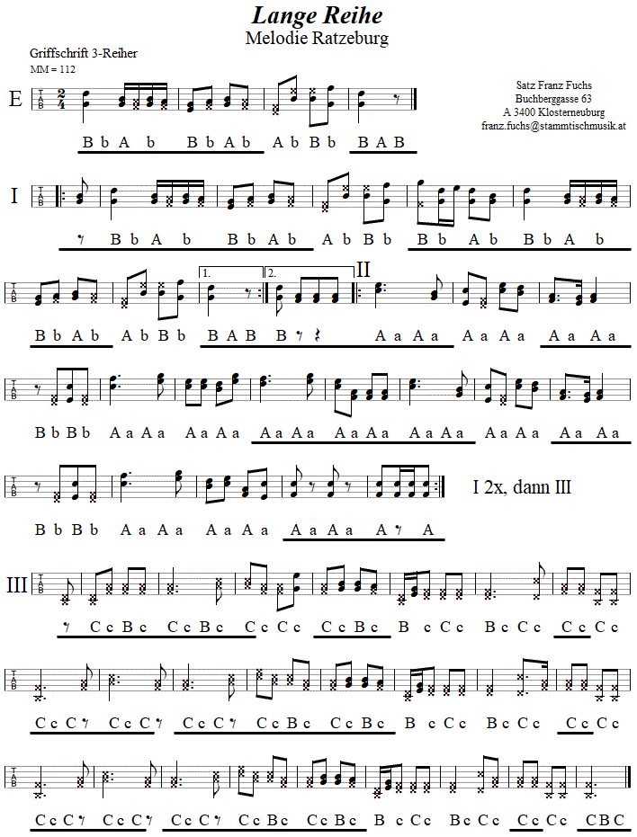 Lange Reihe, in Griffschrift für Steirische Harmonika