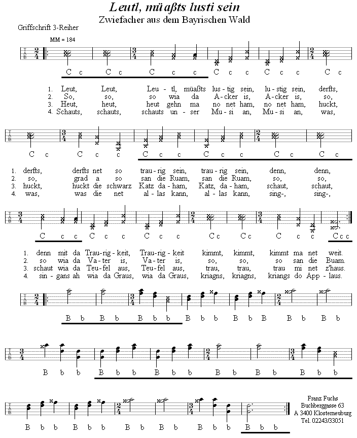 Leutl, müassts lusti sein - Zwiefacher in Griffschrift für Steirische Harmonika