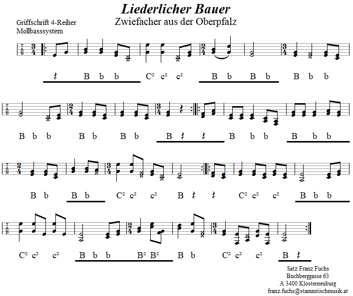 Liederlicher Bauer Zwiefacher, in Griffschrift für Steirische Harmonika