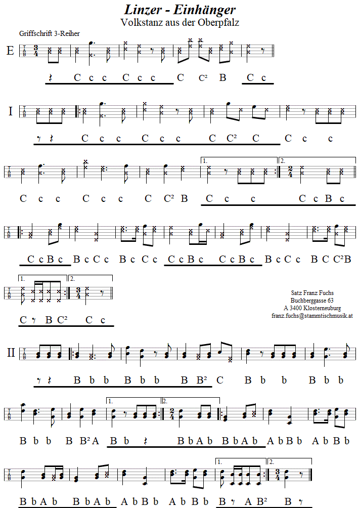 Linzer oder Einhänger, in Griffschrift für Steirische Harmonika