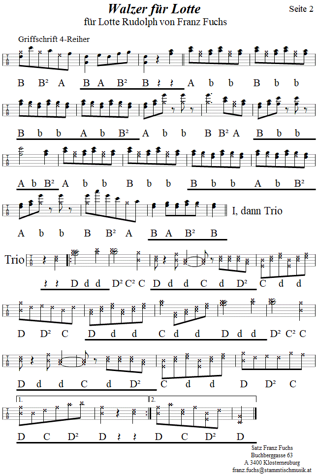 Walzer für Lotte von Franz Fuchs, in Griffschrift für Steirische Harmonika