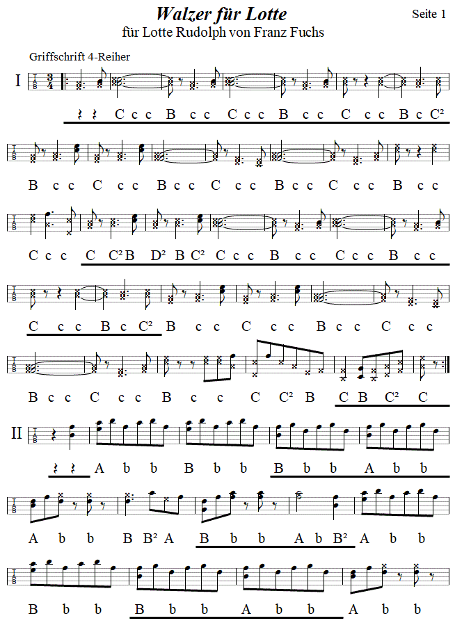 Walzer für Lotte von Franz Fuchs, in Griffschrift für Steirische Harmonika