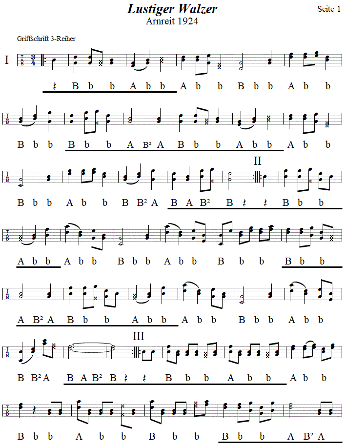 Lustiger Walzer aus Arnreit, in Griffschrift für Steirische Harmonika