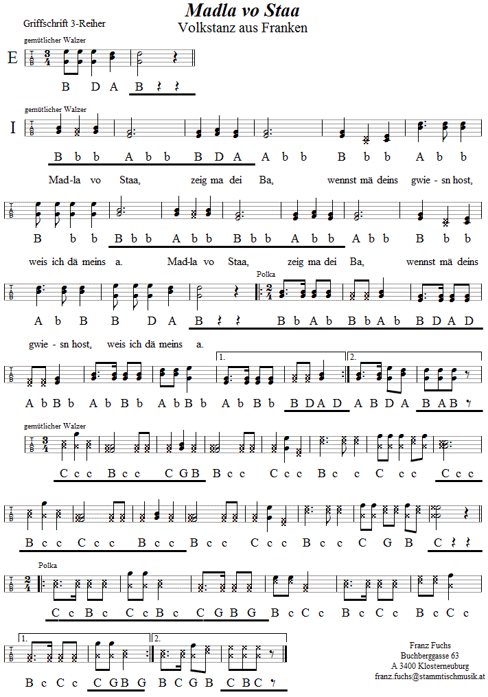 Madla vo Staa, in Griffschrift für Steirische Harmonika