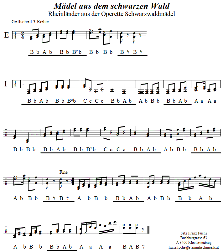 Mädel aus dem Schwarzen Wald, in Griffschrift für Steirische Harmonika