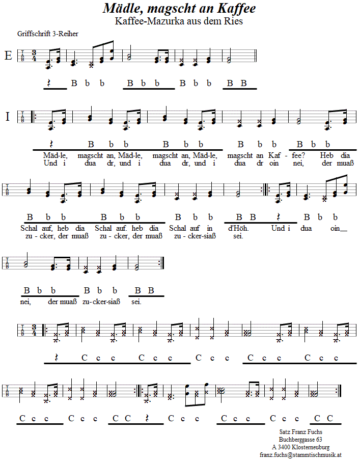 Mädle magscht an Kaffee, in Griffschrift für Steirische Harmonika