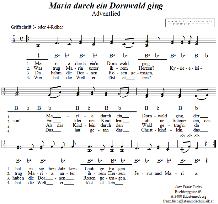 Maria durch ein Dornwald ging, Adventlied in Griffschrift für Steirische Harmonika