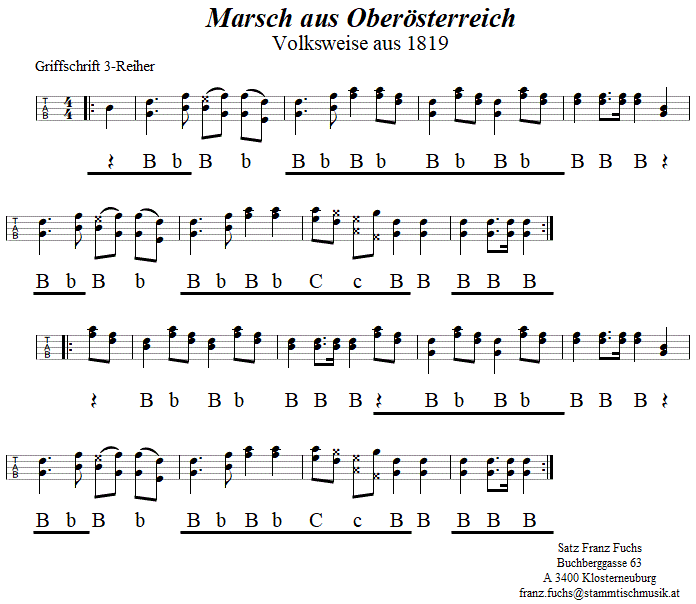 Marsch aus Oberösterreich aus 1819 in Griffschrift für Steirische Harmonika