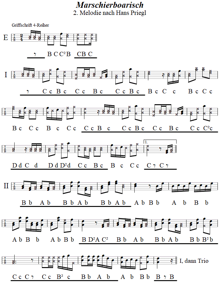 Marschierboarisch 2, in Griffschrift für Steirische Harmonika