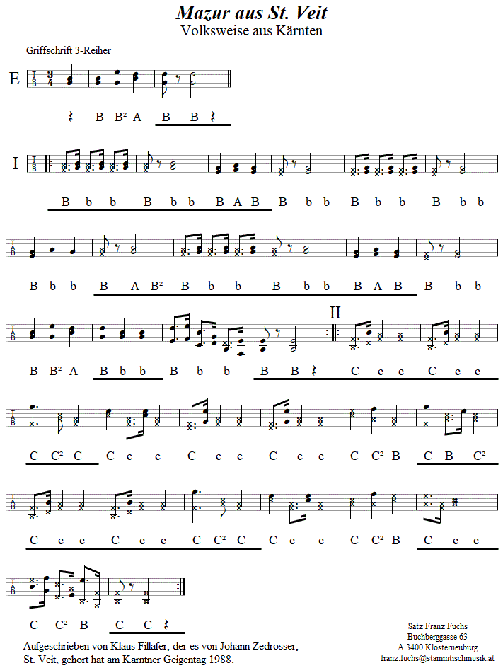 Mazurka aus dem Görtschitztal, in Griffschrift für Steirische Harmonika