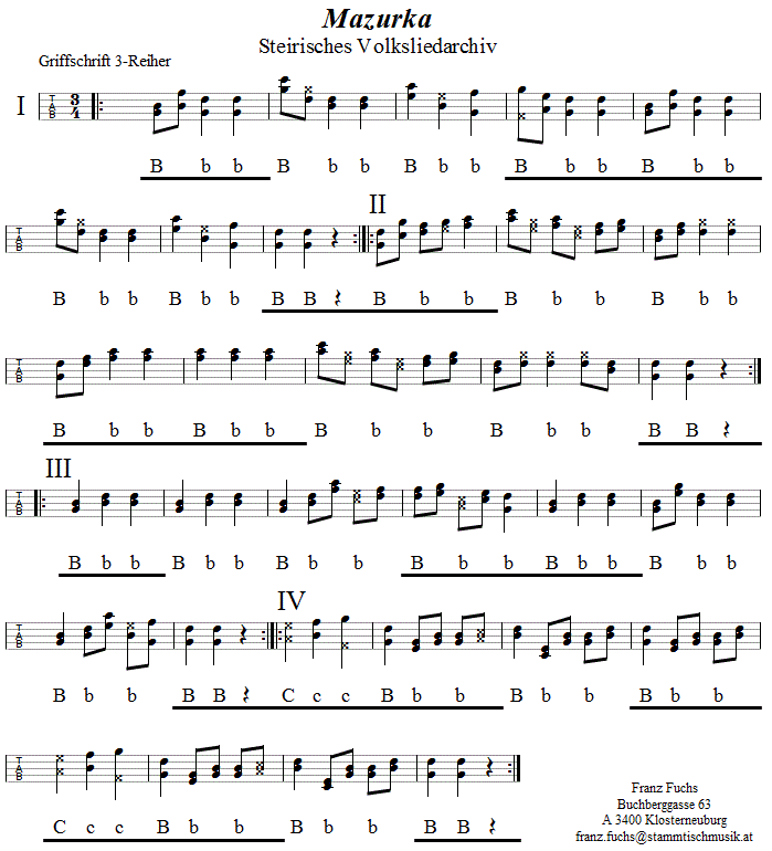 Mazurka aus dem steirischen Volksliedarchiv in Griffschrift für Steirische Harmonika