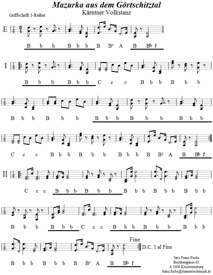 Mazurka aus dem Görtschitztal, in Griffschrift für Steirische Harmonika