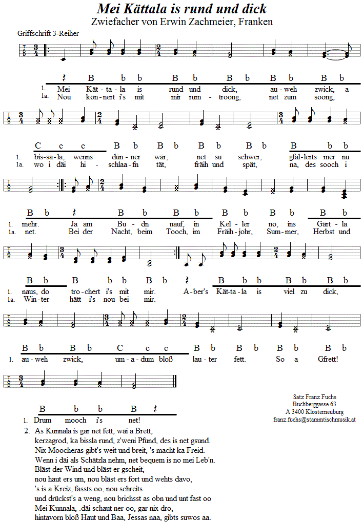 Mei Kättala is rund und dick, Zwiefacher von Erwin Zachmeier in Griffschrift für Steirische Harmonika