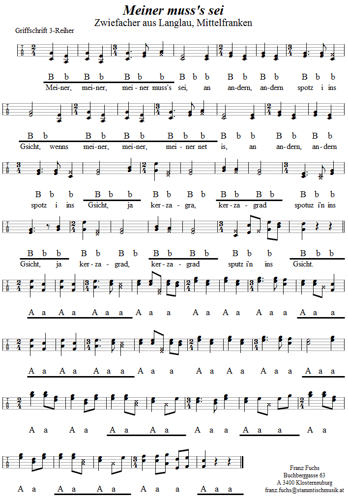 Meiner muss's sei Zwiefacher, in Griffschrift für Steirische Harmonika