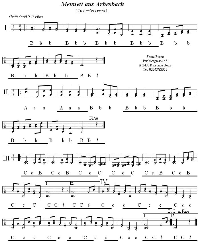 Menuett aus Arbesbach in Griffschrift für Steirische Harmonika