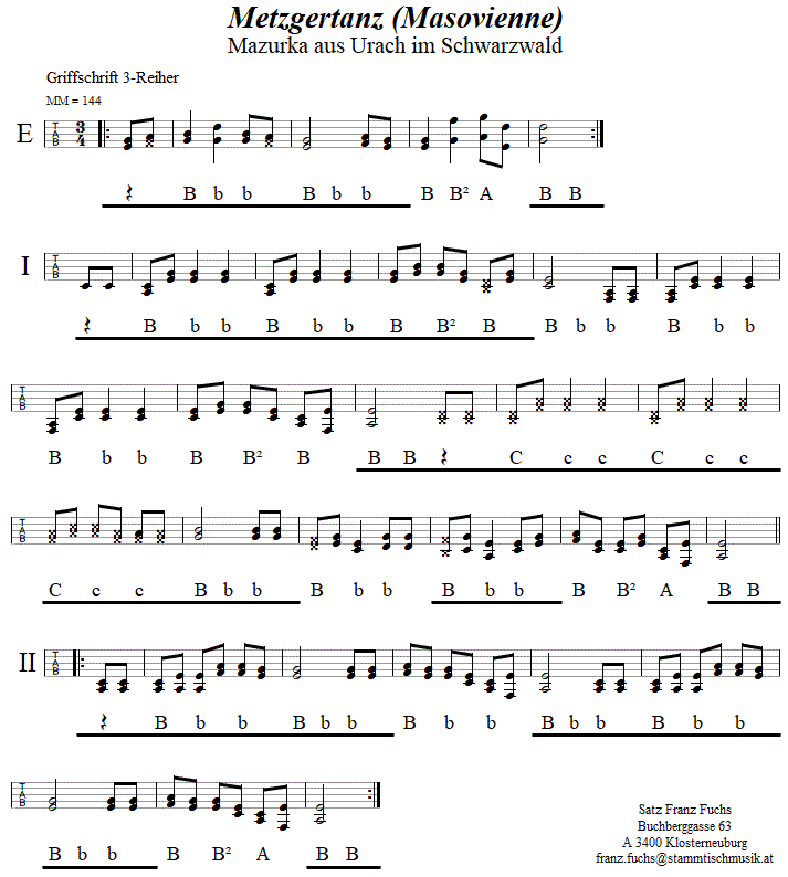 Metzgertanz (Masovienne), in Griffschrift für Steirische Harmonika