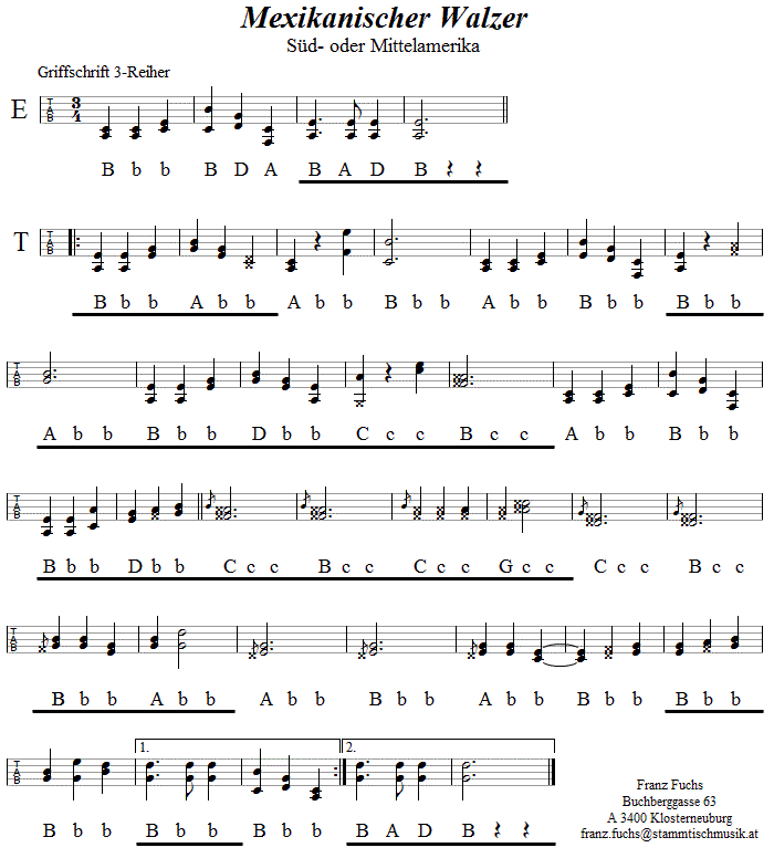 Mexikanischer Walzer in Griffschrift - Musik zum Volkstanz - Volksmusik und Volkstanz