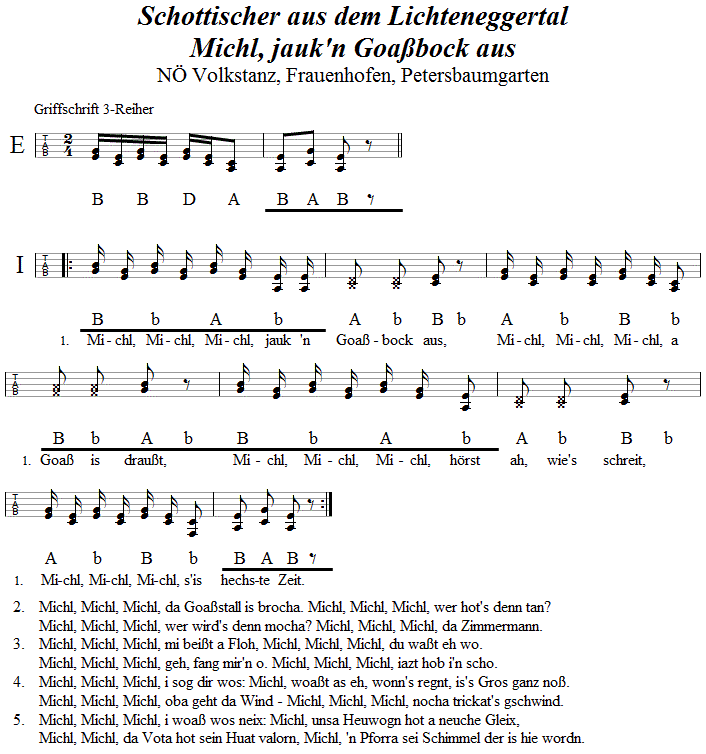 Schottischer aus dem Lichteneggertal (Michl, jauk n Goaßbock aus) in Griffschrift für Steirische Harmonika