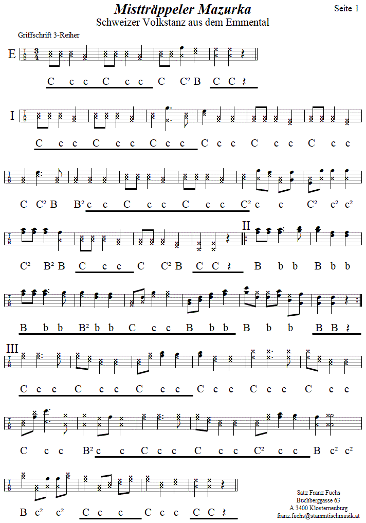 Mistträppeler Mazurka, in Griffschrift für Steirische Harmonika