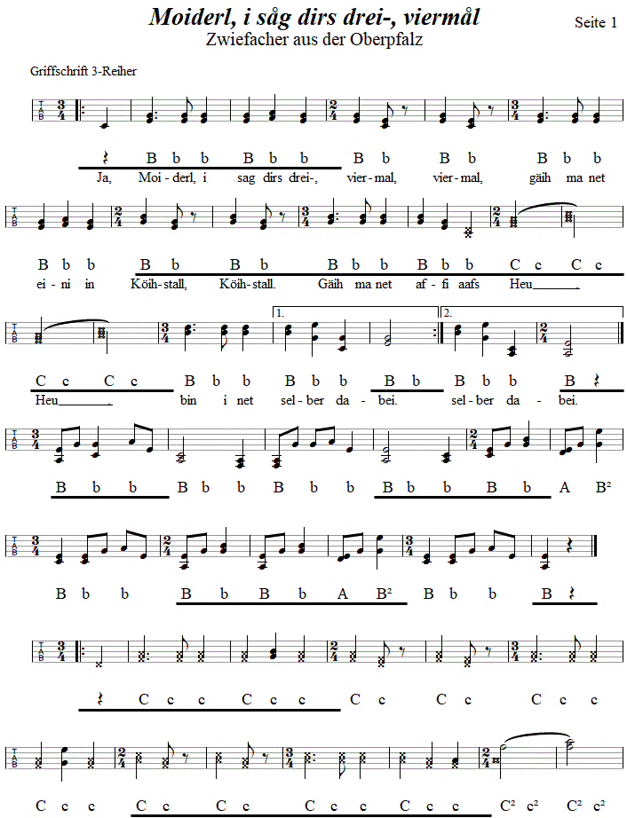 Moiderl, i såg dirs drei- viermål - Zwiefacher, in Griffschrift für Steirische Harmonika