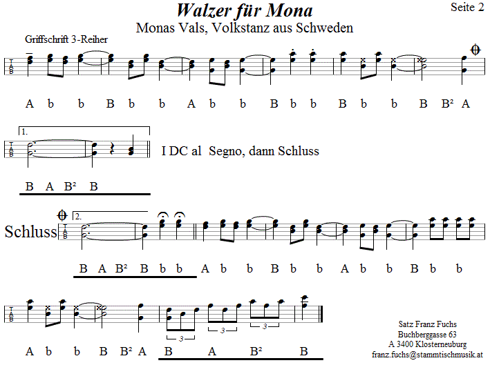 Walzer für Mona (Monas Vals) in Griffschrift für Steirische Harmonika