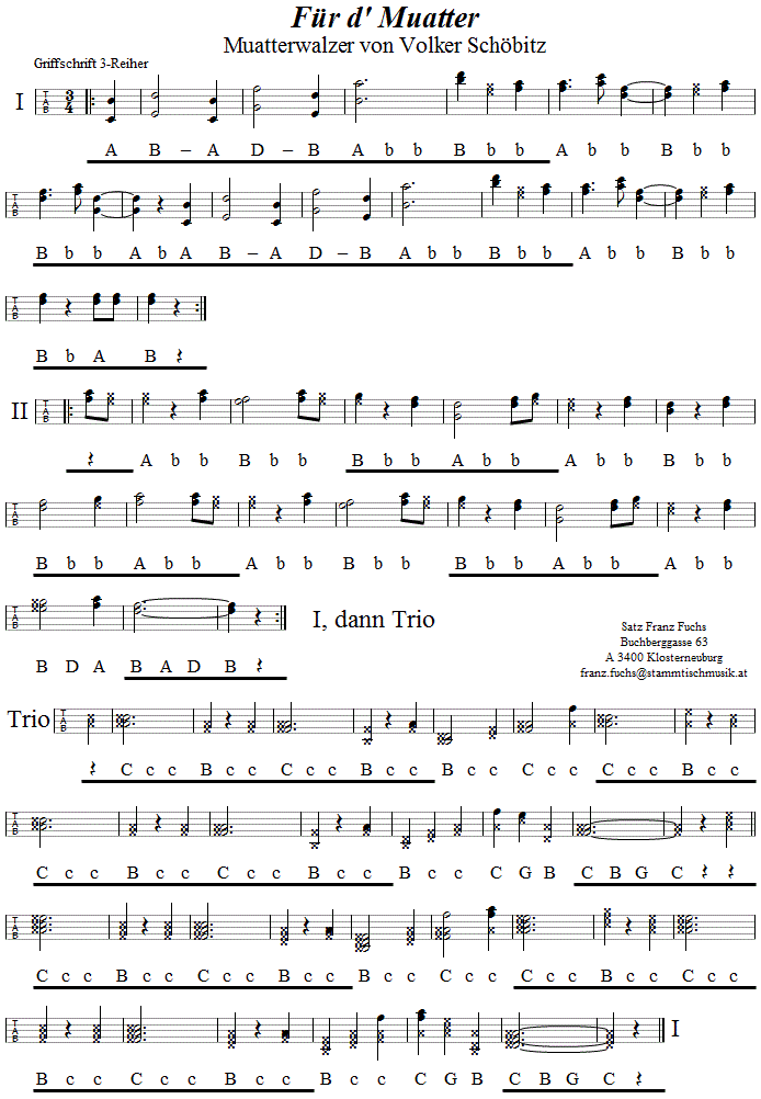 Muatterwalzer (Für d' Muatter) von Volker Schöbitz in Griffschrift für Steirische Harmonika