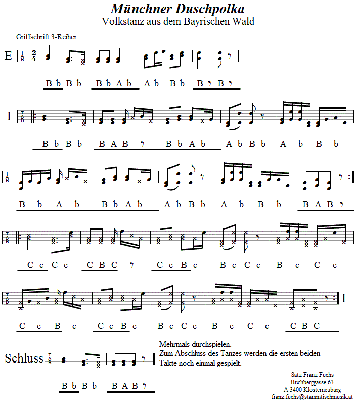 Münchner Duschpolka, Polka zu dritt, in Griffschrift für Steirische Harmonika