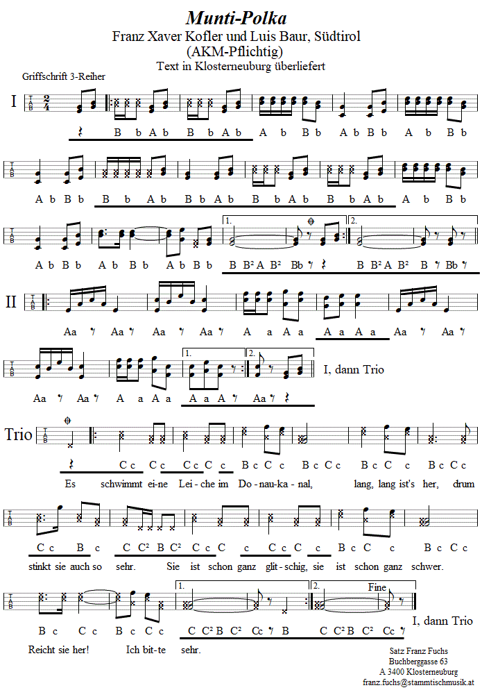 Muntipolka (Montagspolka) von Franz Xaver Kofler in Griffschrift für Steirische Harmonika, Drei- und Vierreiher