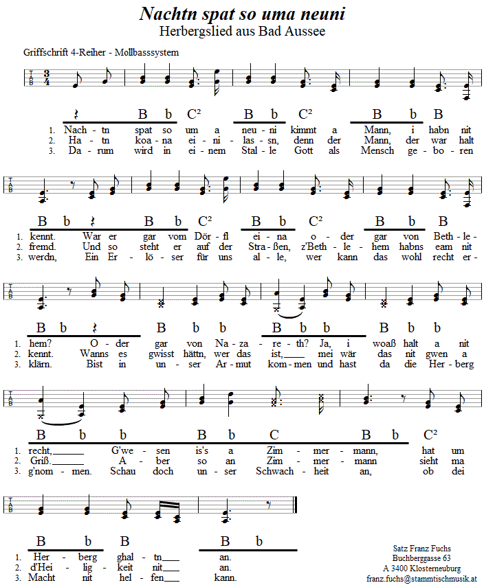 Nachtn spat so uma Neuni, Adventlied in Griffschrift für Steirische Harmonika