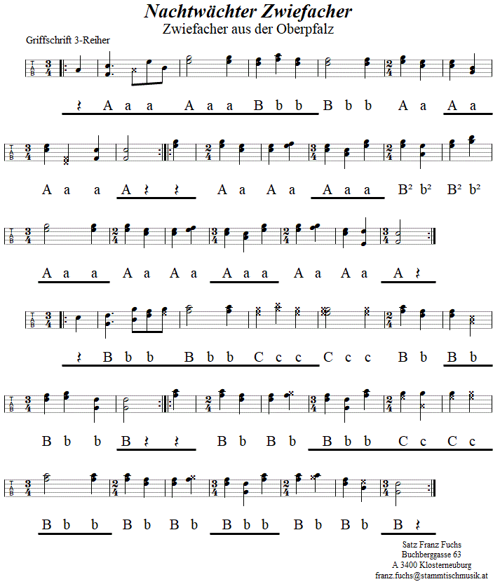 Nachtwächter, Zwiefacher in Griffschrift für Steirische Harmonika