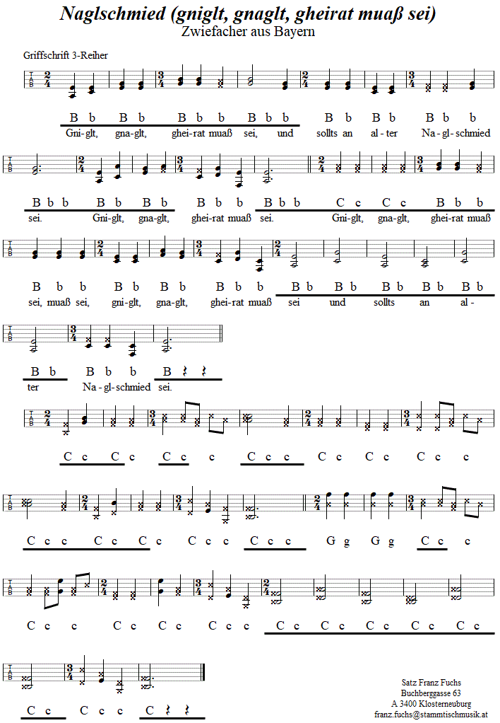 Naglschmied neu (gniglt, gnaglt, gheirat muaß sei), Zwiefacher in Griffschrift für Steirische Harmonika