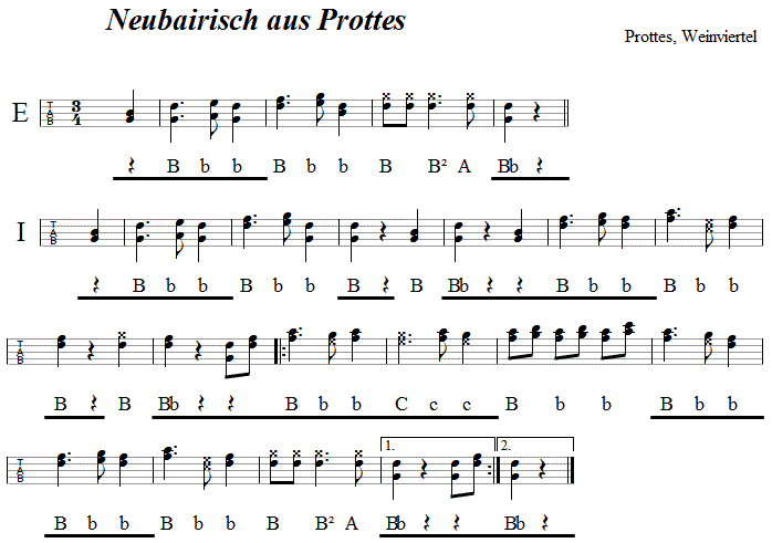 Neubairisch aus Prottes, Neubairisch aus Treskowitz, in Griffschrift für Steirische Harmonika