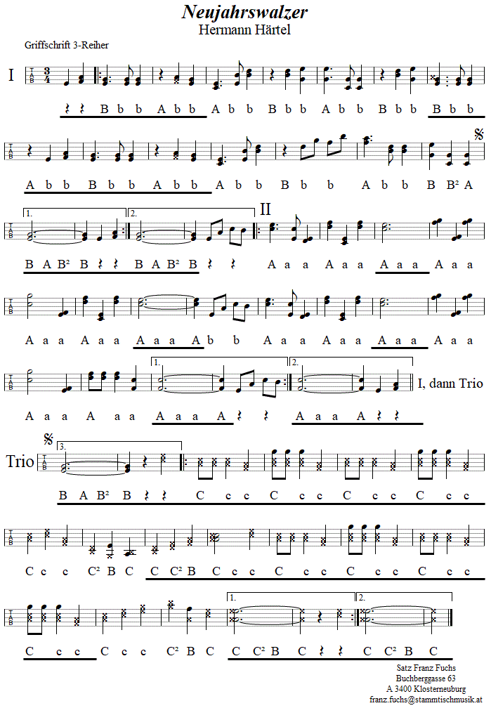 Neujahrswalzer von Hermann Härtel, in Griffschrift für Steirische Harmonika