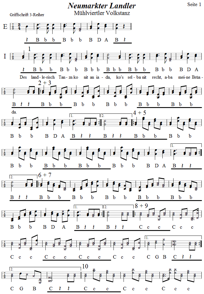 Neumarkter Landler, in Griffschrift für Steirische Harmonika