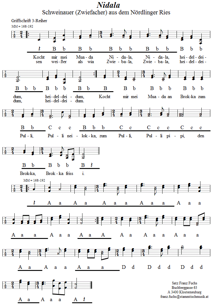 Nidala, Schweinauer (Zwiefacher) in Griffschrift für Steirische Harmonika