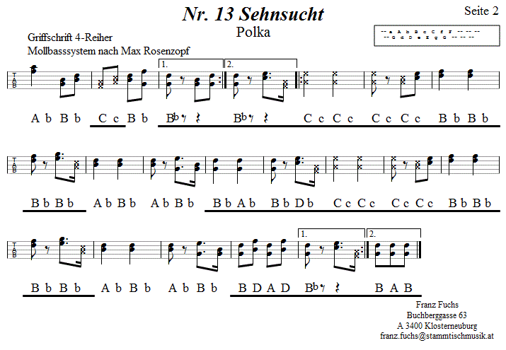 Nr. 13 Sehnsucht Polka - Reiteregg - in Griffschrift für Steirische Harmonika