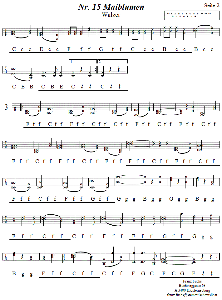 Nr. 15 Maiblumen, Walzer aus Reiteregg, in Griffschrift für Steirische Harmonika