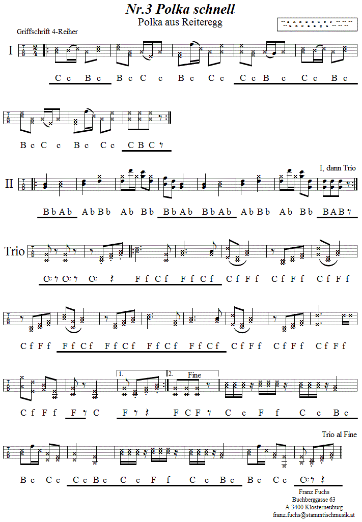 Nr. 3, Polka schnell - Reiteregg - in Griffschrift für Steirische Harmonika