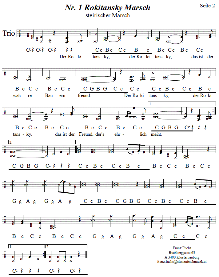 Nr. 1 Rokitansky Marsch aus Reiteregg, in Griffschrift für Steirische Harmonika