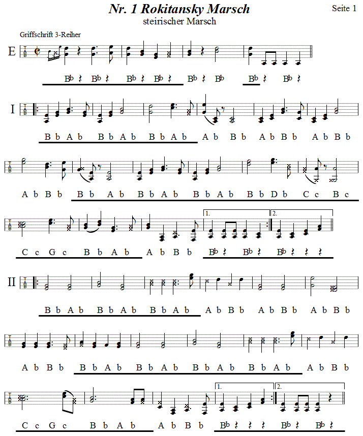 Nr. 1 Rokitansky Marsch aus Reiteregg, in Griffschrift für Steirische Harmonika