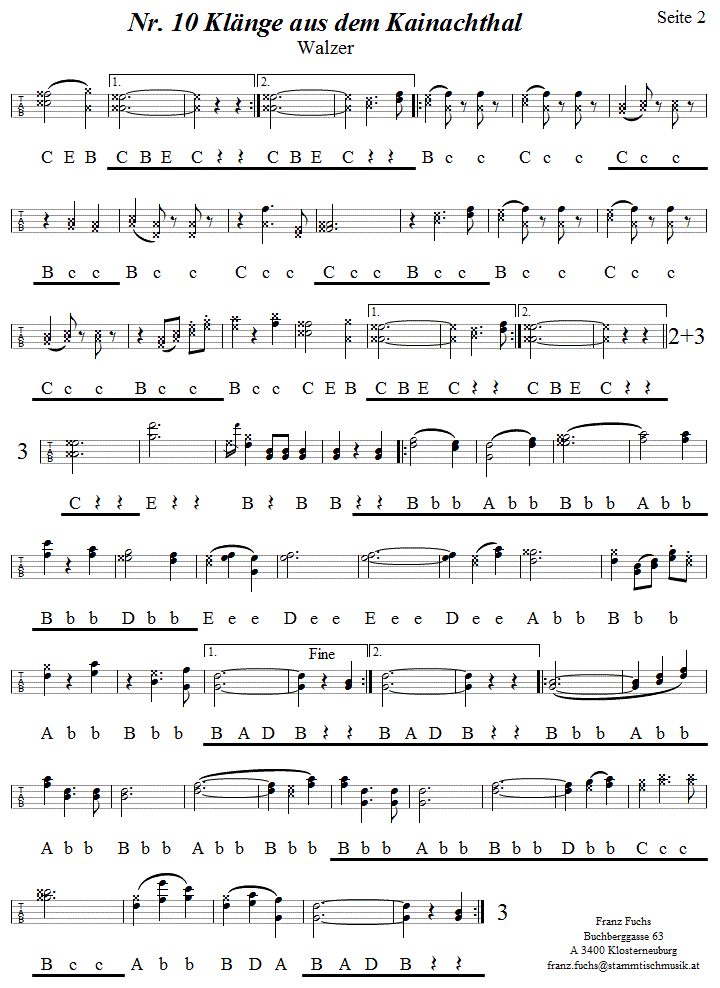 Nr. 10, Klänge aus dem Kainachthal, Walzer aus Reiteregg in Griffschrift für Steirische Harmonika