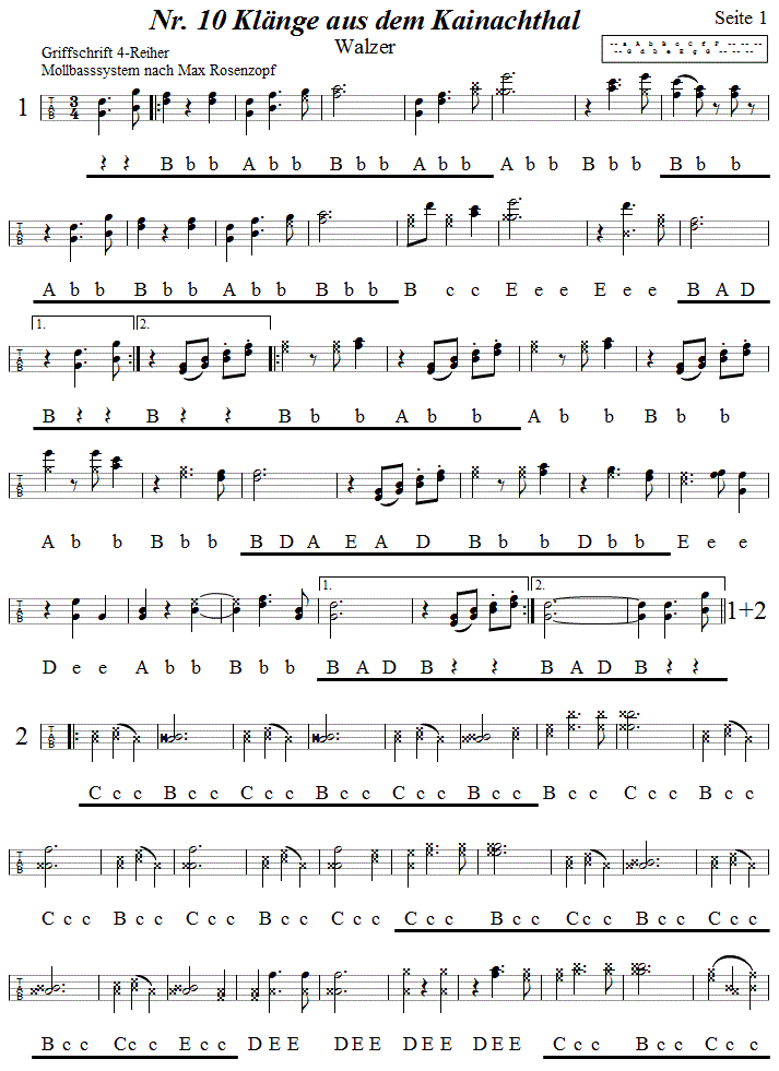 Nr. 10, Klänge aus dem Kainachthal, Walzer aus Reiteregg in Griffschrift für Steirische Harmonika