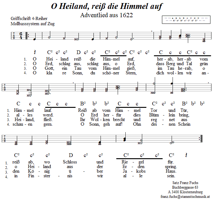 O Heiland reiß die Himmel auf, Adventlied in Griffschrift für Steirische Harmonika